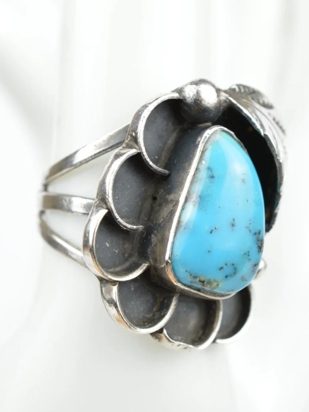 Vintage Navajo Kingman Turquoise Sterling Silver Shadowbox Feather Ring Size 8